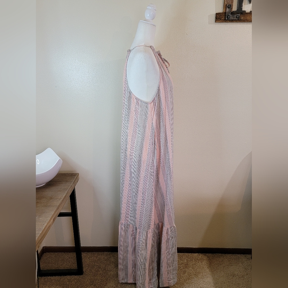 Nine West Linen Blend Tiered Peasant Striped Maxi Dress Size L - Picture 3 of 6